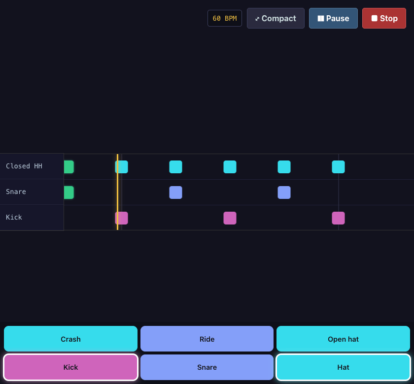 A lesson mid-run. Three lanes — Closed HH, Snare, Kick — banded across the middle
		of the screen with coloured note blocks scrolling toward a vertical yellow hit line;
		two blocks just past the line have turned green. Across the bottom sit six large
		on-screen pads, and the Kick and Hat pads are outlined with a bright ring.